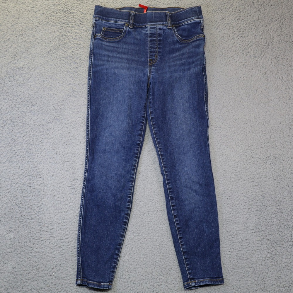 Spanx Ankle Jean-ish Leggings Indigo Blue Denim Petite Medium Pull On Slim Leg